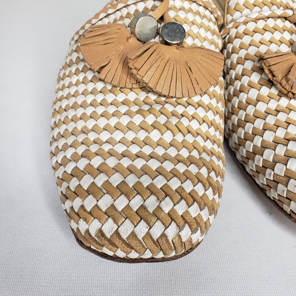 Franco Cuadra Chic Woven Tan and White Mules Casual Tassel - Picture 3 of 10